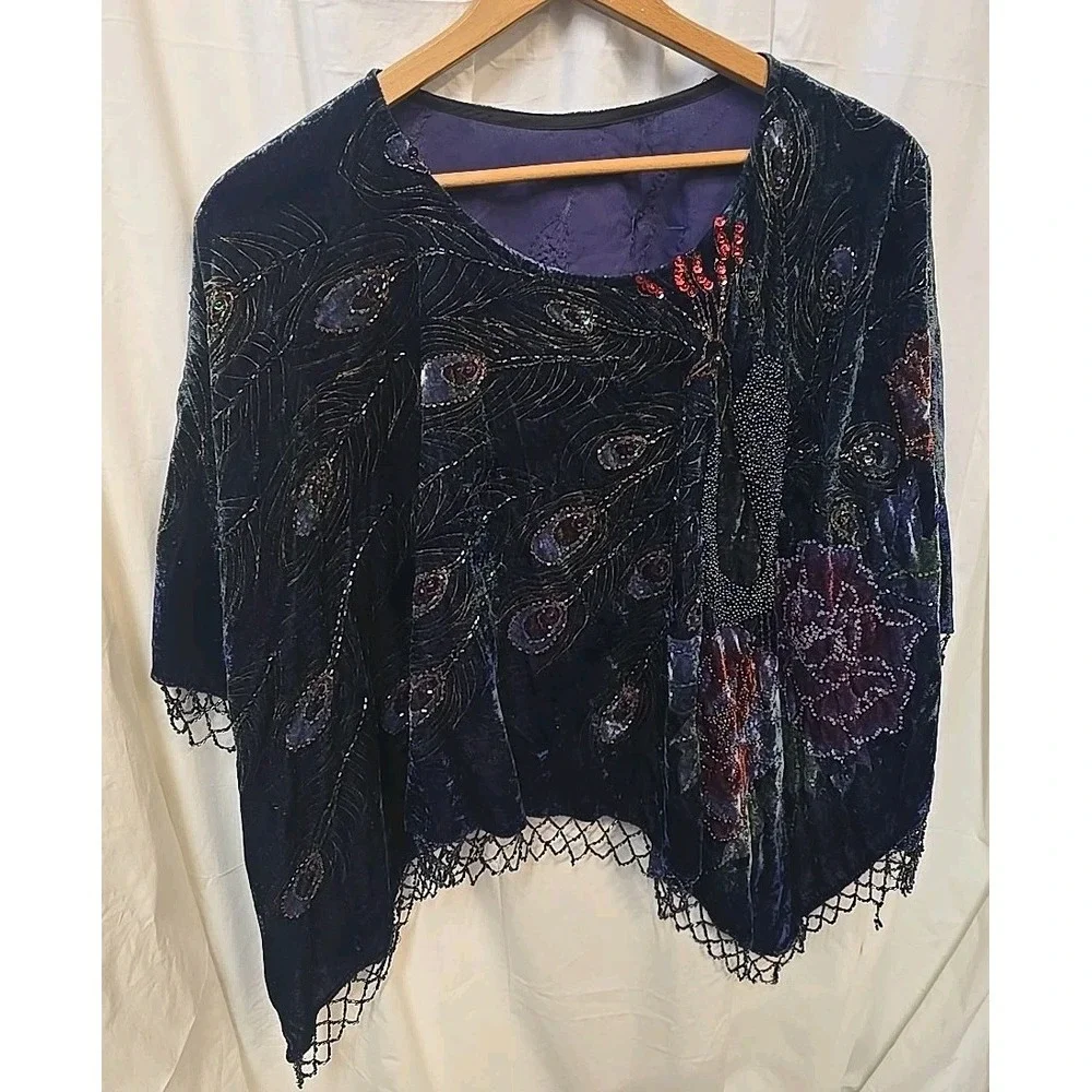 Vtg Ania A Peacock Velvet Beaded Boho Top‎ OS Festival Artwear Handkerchief Hem